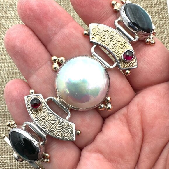 Rare Tricia Young 14K Gold Sterling Silver Pearl Garnet Bracelet - Picture 2 of 9
